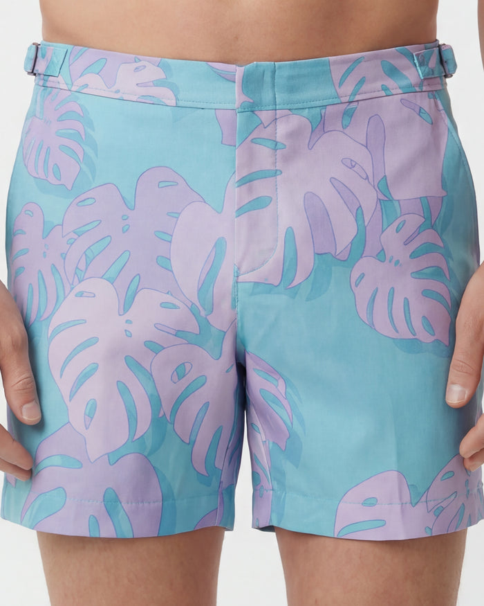 POOL MONSTERA FLORAL TEAL MENS TAILORED SWIM SHORT