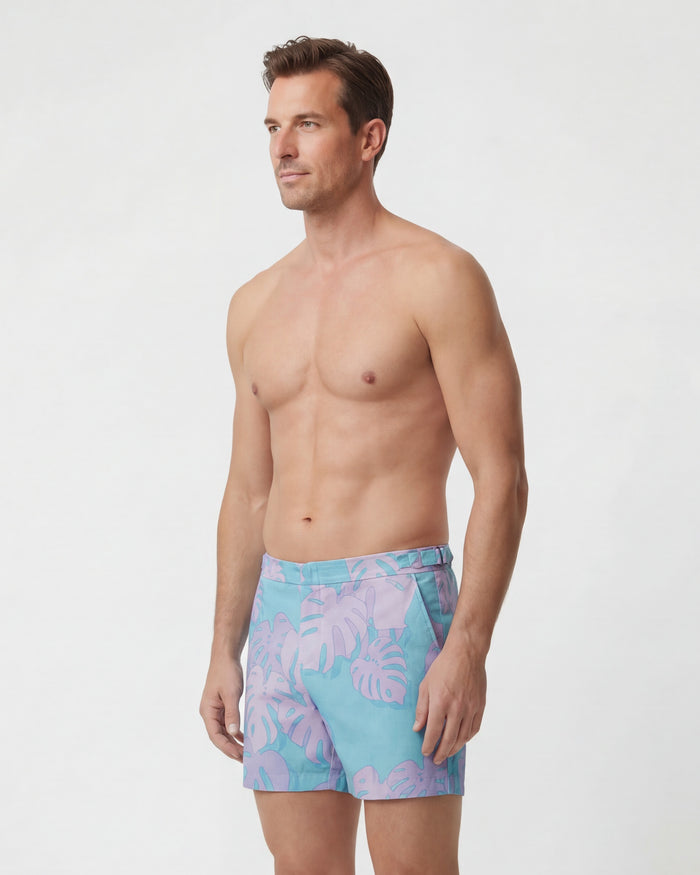 POOL MONSTERA FLORAL TEAL MENS TAILORED SWIM SHORT
