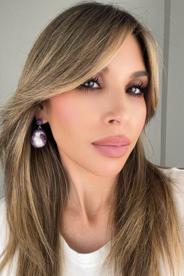 Style the Purple Crystal Pearl Drop Sterling Silver Earrings exclusively at Born To Glam