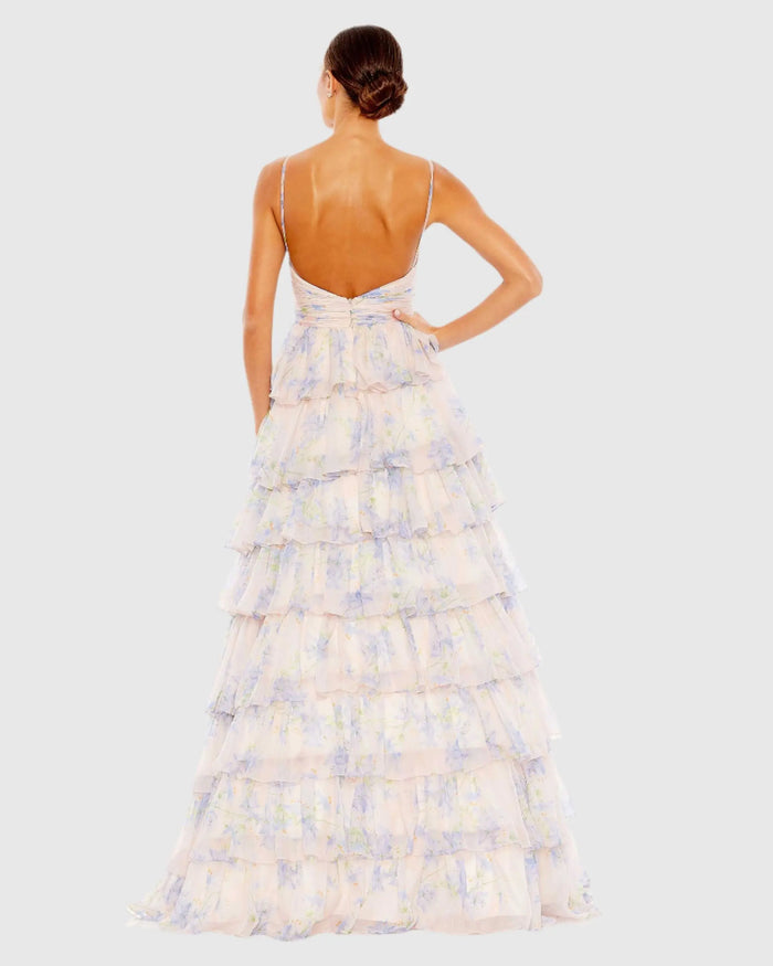 Purple Floral Cut Out Ruffle Layered Gown - Mac Duggal