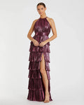 Purple High Neck Pleated Tiered Ruffle Metallic Gown - Ieena for Mac Duggal
