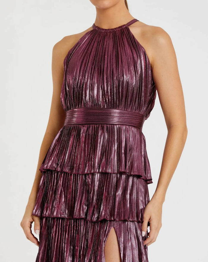 Purple High Neck Pleated Tiered Ruffle Metallic Gown - Ieena for Mac Duggal