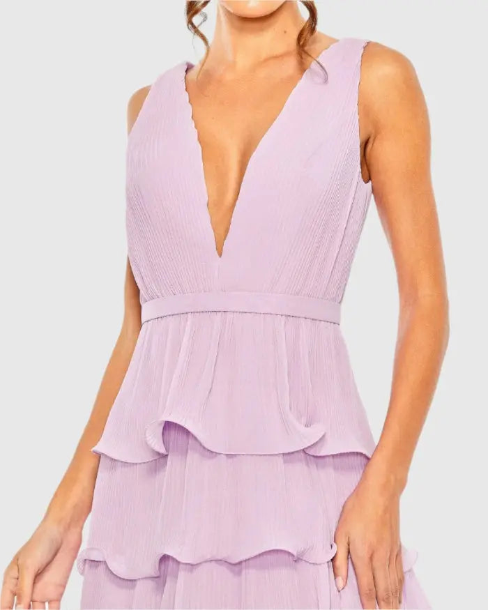 Purple Deep V Chiffon Sleeveless Ruffle Midi Dress - Ieena for Mac Duggal