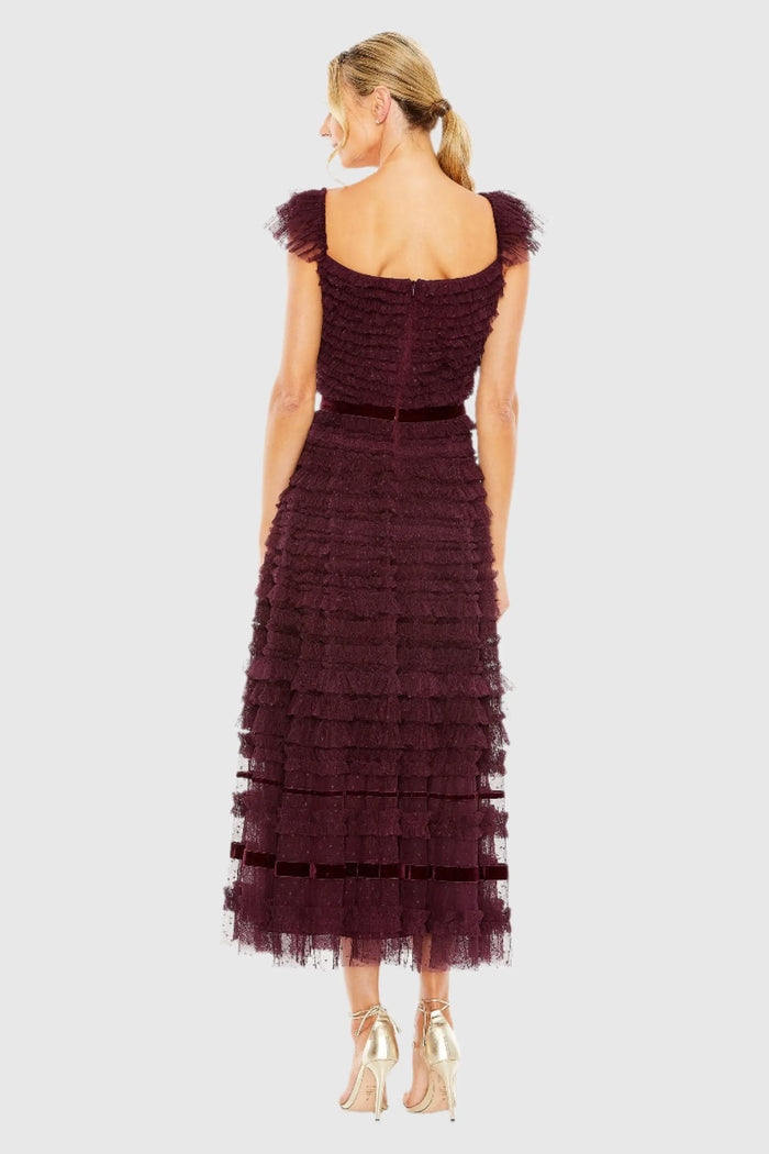 Purple Ruffle Cap Sleeve Tiered Midi Dress - Mac Duggal