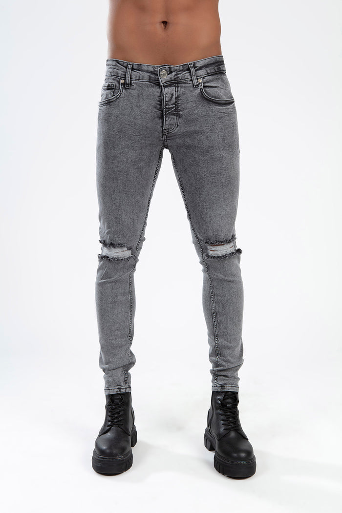 RAFAEL super skinny fit grey jeans for men with ripped knees and a distressed acid wash in urban streetwear style.