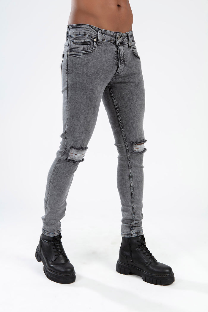 RAFAEL Super Skinny Fit Grey Jeans in Carbon wash with distressed knees and streetwear styling.