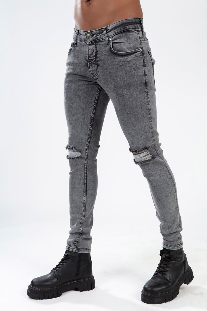RAFAEL super skinny fit grey jeans for men with distressed ripped knees and urban streetwear styling in carbon wash.