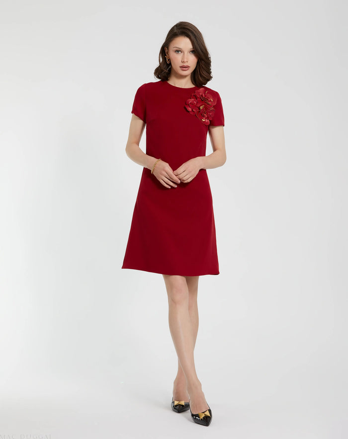 Red Crepe Cap Sleeve Mini Dress With 3D Flower Details - Mac Duggal