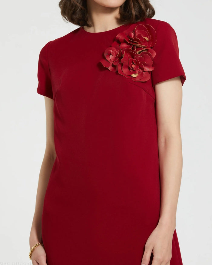 Red Crepe Cap Sleeve Mini Dress With 3D Flower Details - Mac Duggal