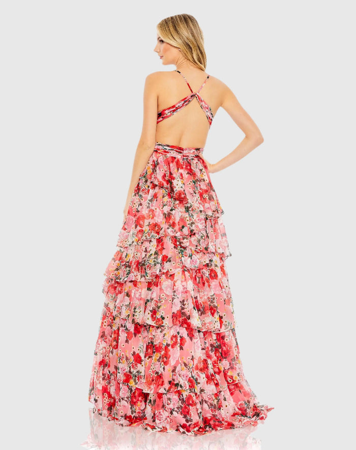 Red Pleated Chiffon Cut Out Ballgown - Mac Duggal
