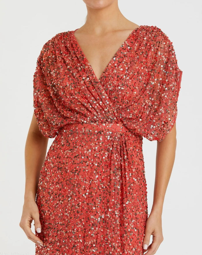 Red Draped Sleeve V Neck Gown - Mac Duggal