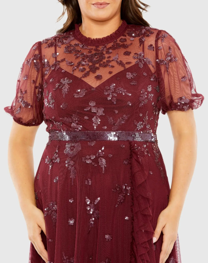 High Neck Puff Short Sleeve Embellished Faux Wrap Gown - Mac Duggal