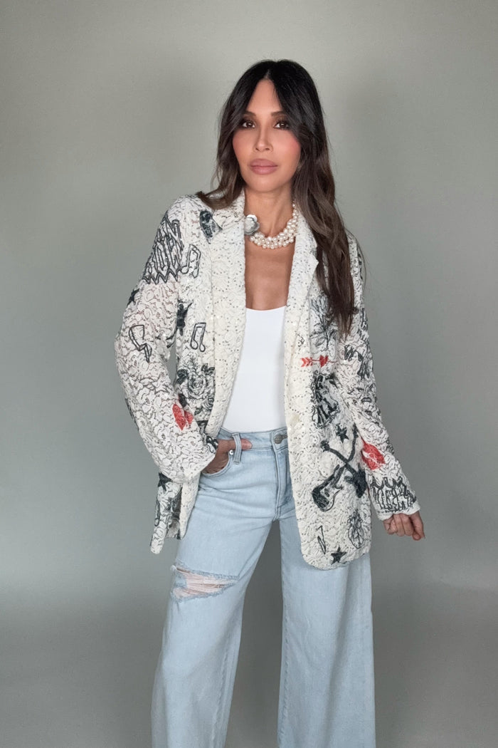Style the Rock And Roll Lace and Sequin Print Blazer Jacket exclusively at Born To Glam