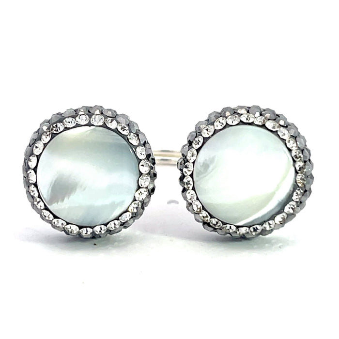 Round double gemstone adjustable ring in 925 sterling silver with raised focal stones and sparkling crystal accent details.