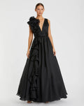Petite Black Ruffle Shoulder V-Neck Chiffon Gown Mac Duggal