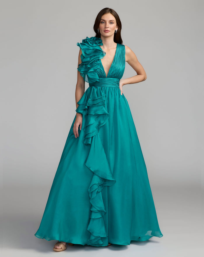 Teal Ruffle Shoulder V-Neck Chiffon Gown - Mac Duggal
