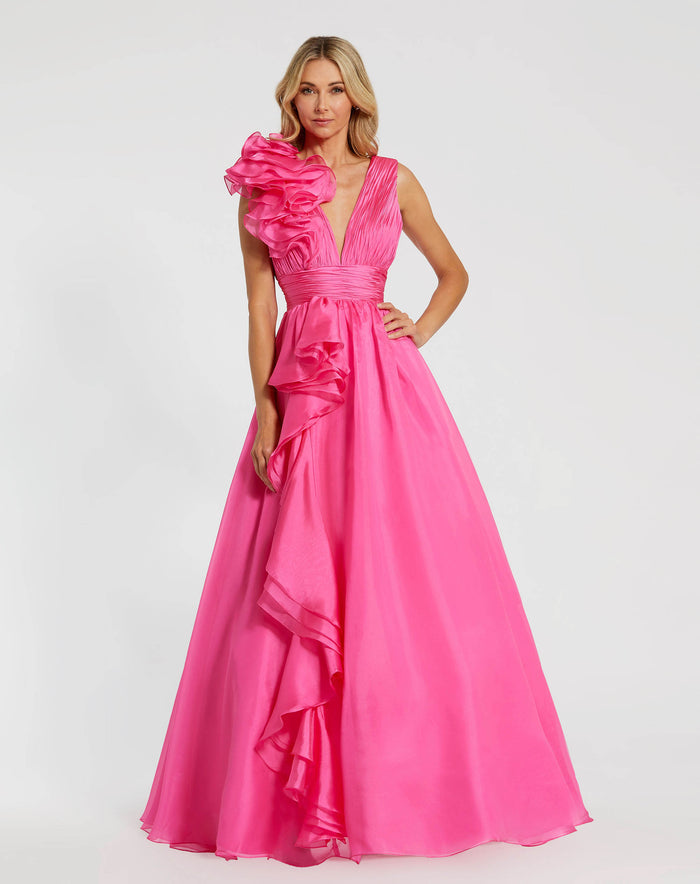 Petite Pink Ruffle Shoulder V-Neck Chiffon Gown - Mac Duggal