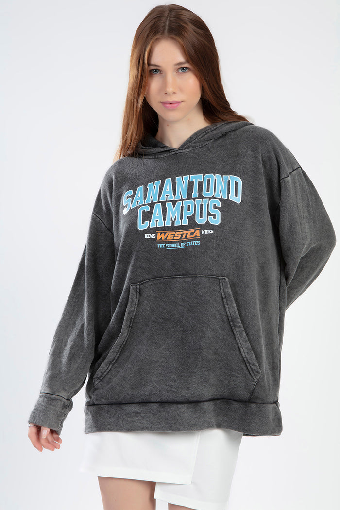Oversized grey washed Sanatond Campus graphic hoodie with collegiate lettering, streetwear aesthetic for Gen Z fashion.