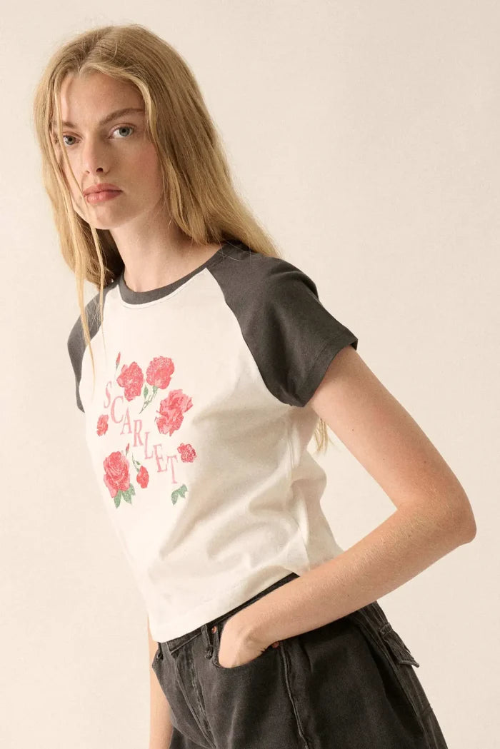 Scarlet Roses Cropped Raglan Graphic Baby Tee - ShopPromesa