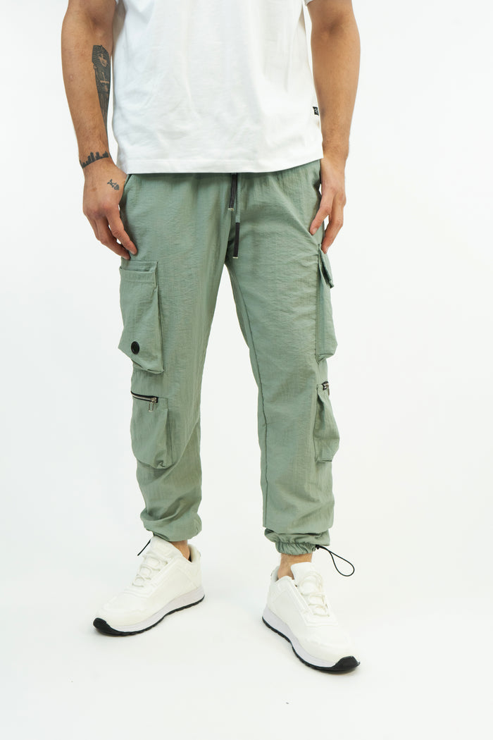 Front view of Sean Relaxed Fit Pants in Mint, featuring cargo pockets, drawstring waist, and adjustable ankle cuffs.