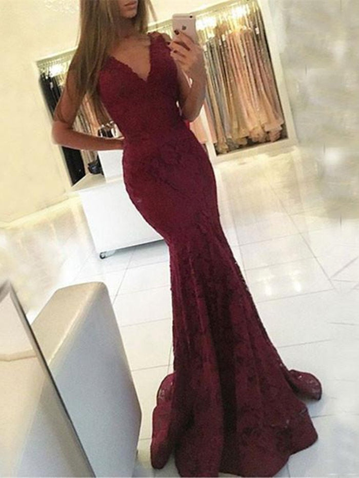 V Neck Burgundy Mermaid Lace Prom Dress, Mermaid Formal Dress, Lace Bridesmaid Dress