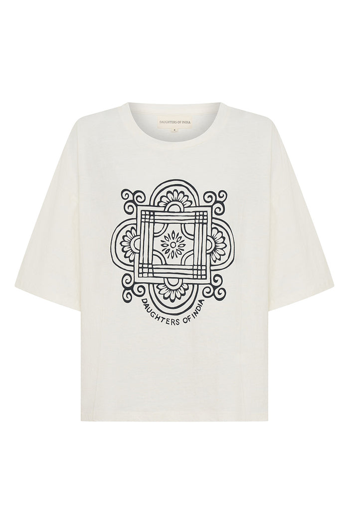 Shanti Tee White — flat lay front view, white oversized cotton tee with charcoal hand-printed Daughters of India mandala logo, white background | Daughters of India