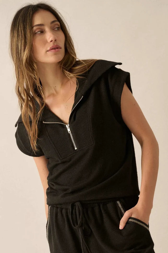 Show Time Rib-Knit Kimono-Sleeve Half-Zip Top - ShopPromesa