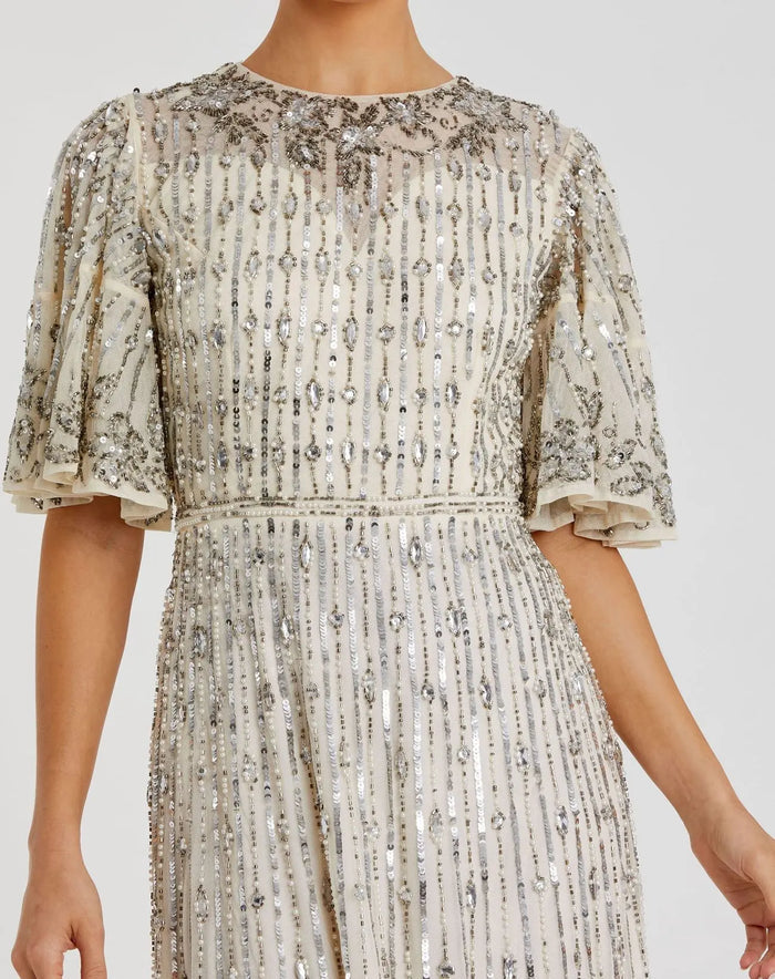 Silver Flounce Sleeve Midi Dress - Mac Duggal