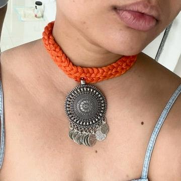 silver oxidized orange thread choker adjustable length necklace for navratri