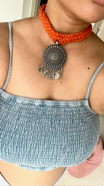 silver oxidized orange thread choker adjustable length necklace for navratri