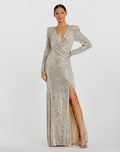 Silver Sequined Long Sleeve Faux Wrap Ruched Gown - Mac Duggal