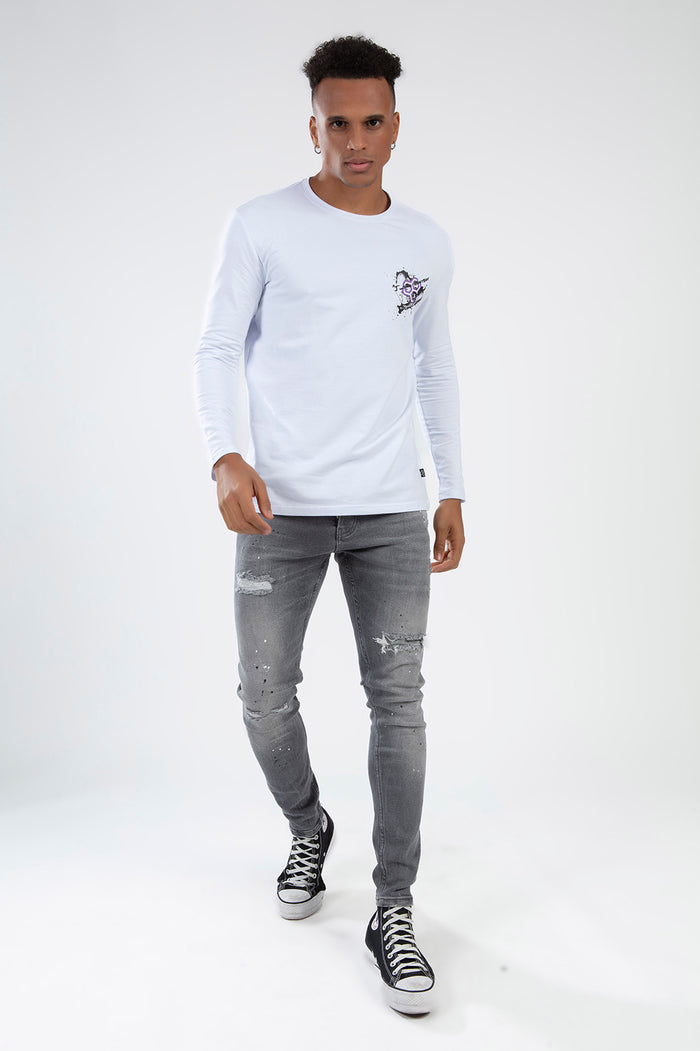 Model wearing Simon men’s grey washed slim fit jeans with distressed knee details and white paint splatter.