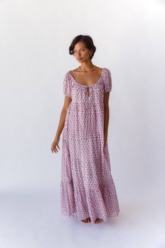 Sita Maxi Dress Violet — studio front view showing tiered silhouette, hand block print cotton | Daughters of India