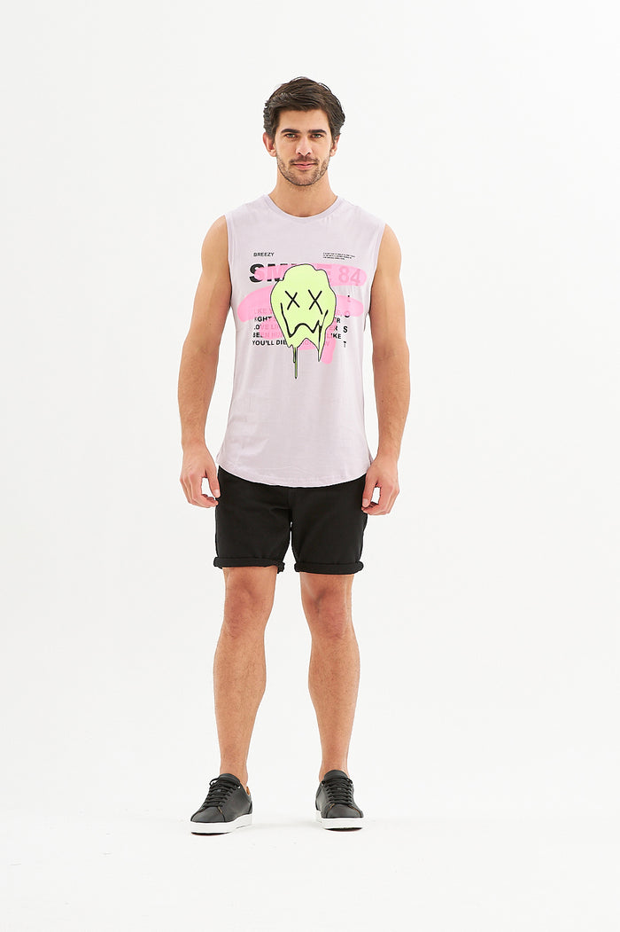 Men's lilac Smile Graphic Tank Top with a melting face streetwear print, paired with black shorts and sneakers.