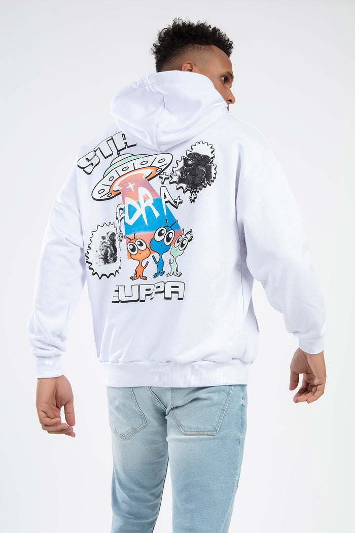 Back view of a white streetwear hoodie for men with colorful alien, UFO, and astronaut graphic print.