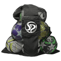 A black mesh bag filled with colorful soccer balls. A central solid panel features a zippered pocket with a white circular logo.