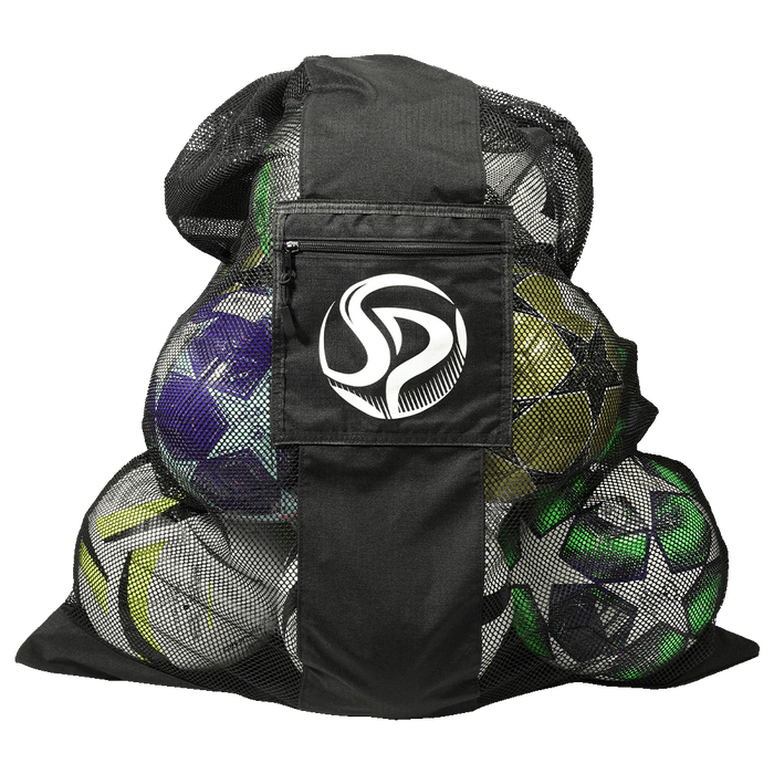 A black mesh bag filled with colorful soccer balls. A central solid panel features a zippered pocket with a white circular logo.