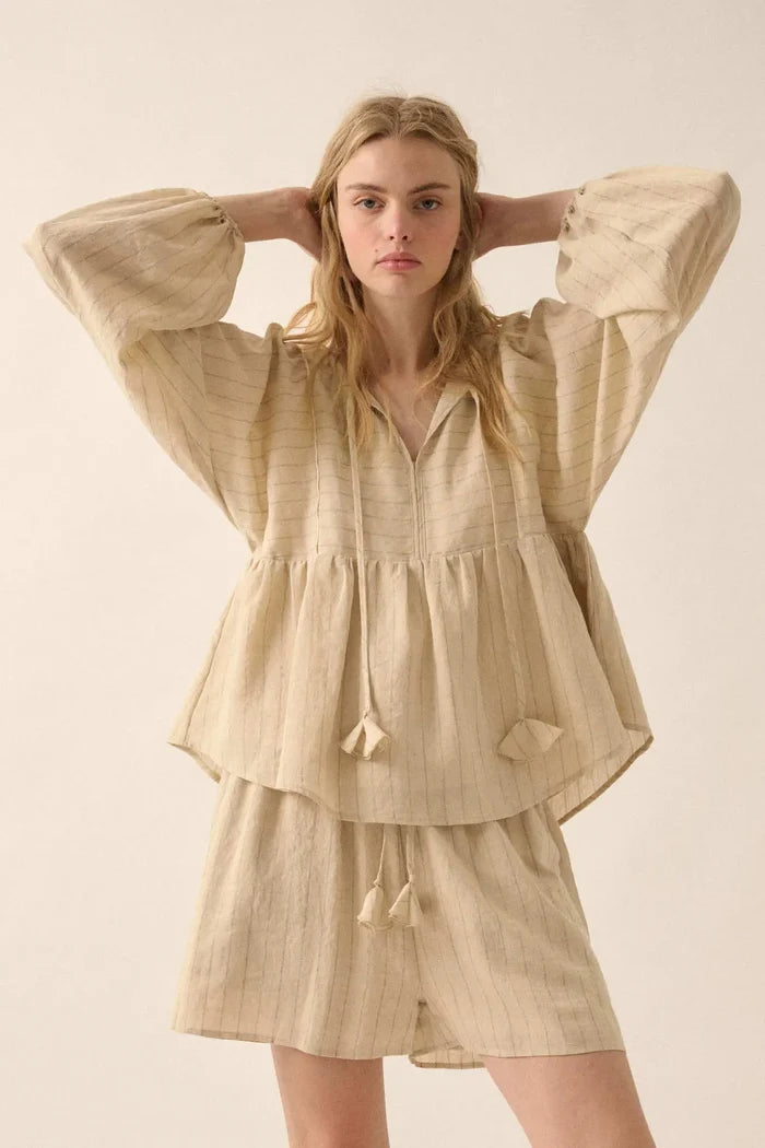 Spring Breeze Pinstripe Babydoll Peasant Top - ShopPromesa