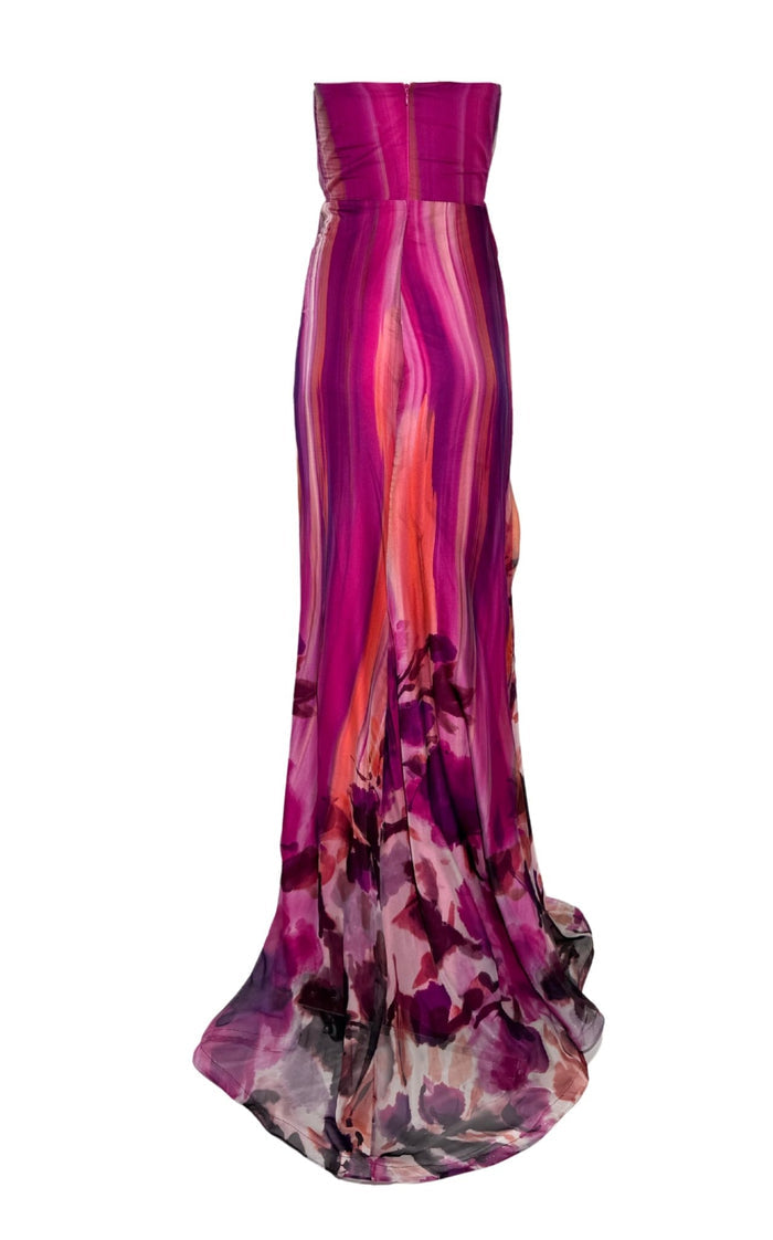 Cult Moda Strapless Chiffon Fuchsia Prom Gown with Slit - Runway Catalog