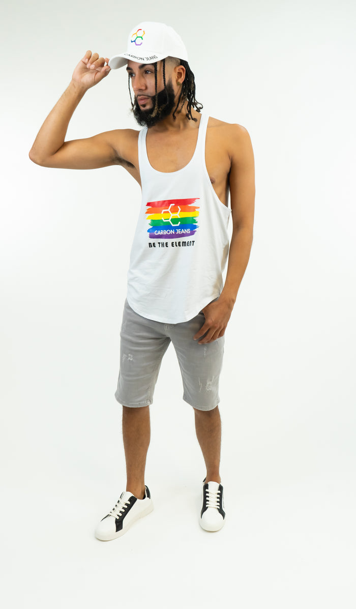 Men's white Stringer Pride Tank Top with a rainbow Carbon Jeans graphic, featuring a muscle-fit bodybuilding design.