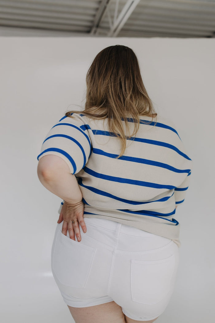 V - NECK STRIPED 3/4 SLEEVE SWEATER - Love Marlow