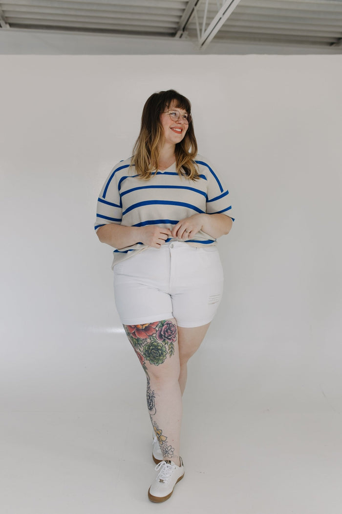 V - NECK STRIPED 3/4 SLEEVE SWEATER - Love Marlow