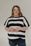 STRIPED LIGHTWEIGHT DOLMAN SLEEVE SWEATER IN BLACK AND ECRU - Love Marlow