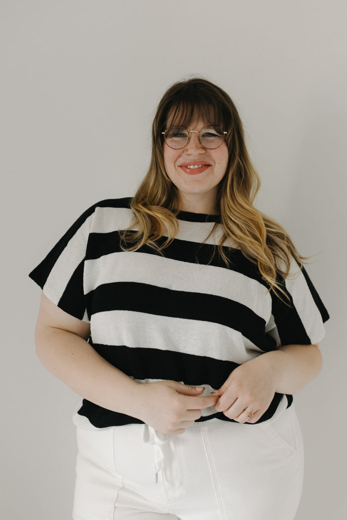 STRIPED LIGHTWEIGHT DOLMAN SLEEVE SWEATER IN BLACK AND ECRU - Love Marlow