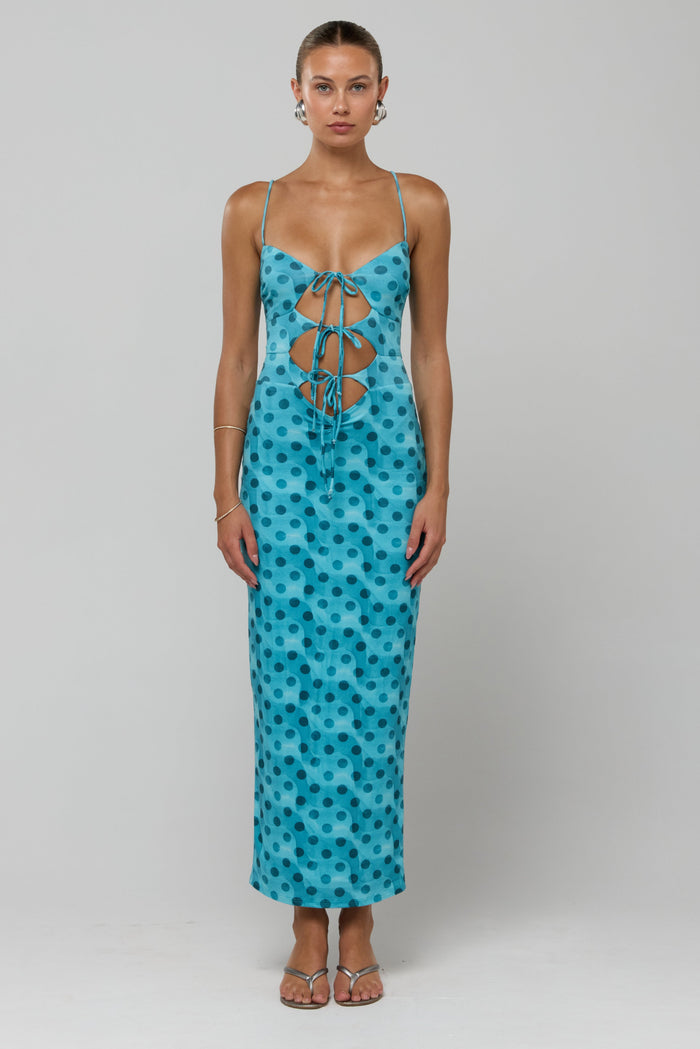 This is an image of Summer knit in Aquamarine - RESA featuring a model wearing the dress