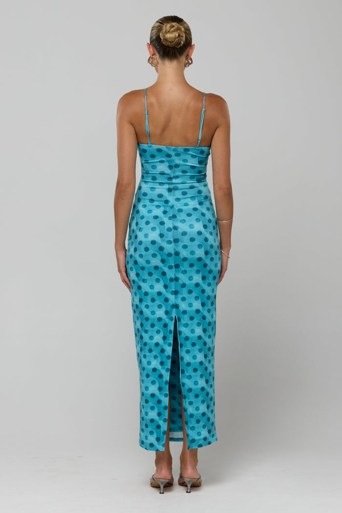This is an image of Summer knit in Aquamarine - RESA featuring a model wearing the dress