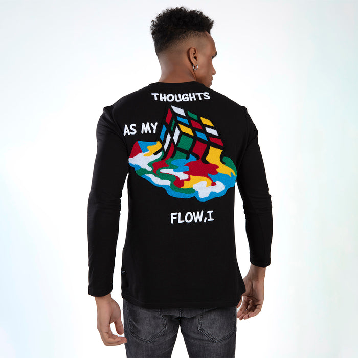Back of men's black long-sleeve Superior Shirt featuring a colorful melting puzzle cube graphic and white text.