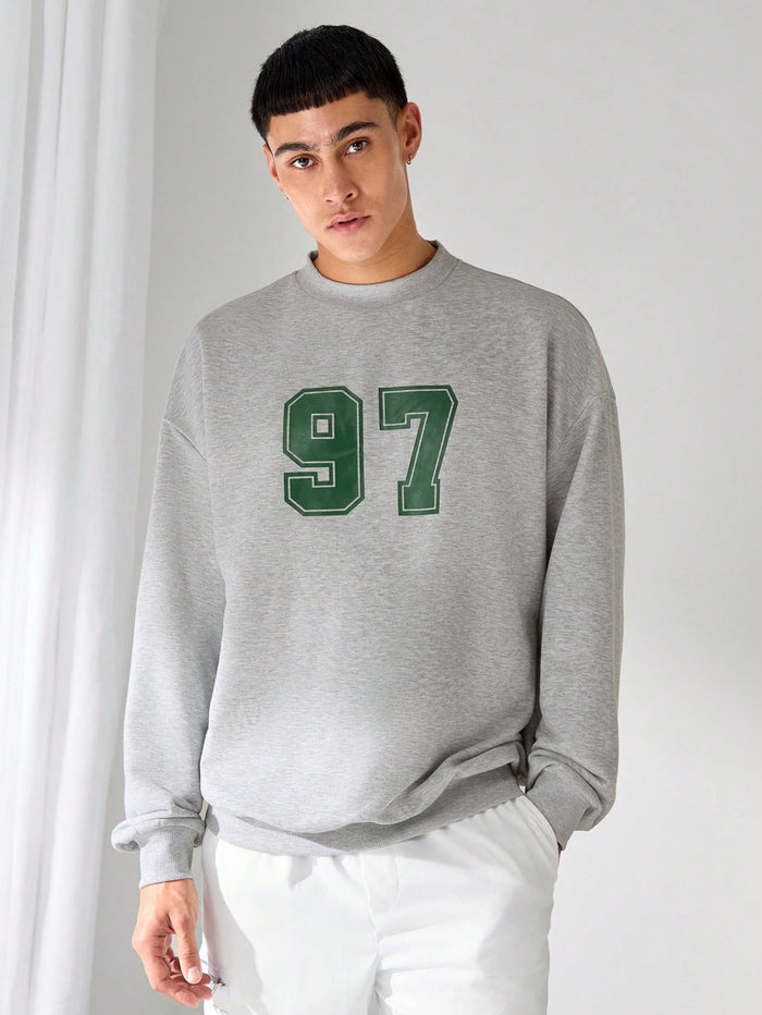 SXV 97 Drop Shoulder Numeric Print Crewneck Pullover Sweatshirt Going Out Long Sleeve Grey Oversized Baggy Sweatshirt