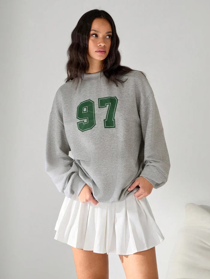 SXV 97 Drop Shoulder Numeric Print Crewneck Pullover Sweatshirt Going Out Long Sleeve Grey Oversized Baggy Sweatshirt