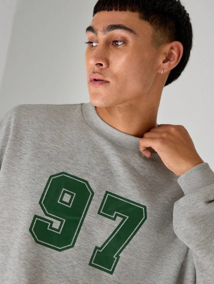 SXV 97 Drop Shoulder Numeric Print Crewneck Pullover Sweatshirt Going Out Long Sleeve Grey Oversized Baggy Sweatshirt